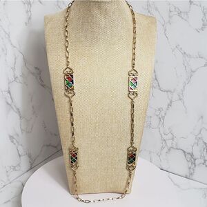 VINTAGE ROLAND Long Goldtone Enameled Necklace